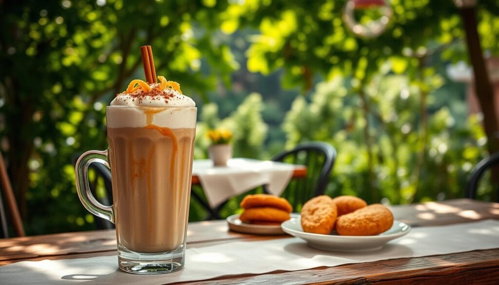 A tempting Italian cappuccino shake set against a warm, sun-dappled outdoor cafe scene. In the foreground, the creamy, frothy shake is garnished with a sprinkle of cinnamon and a delicate curl of orange zest, inviting the viewer to indulge. The middle ground features a rustic wooden table adorned with a crisp white tablecloth, along with a small plate of artisanal biscotti, their golden brown hues complementing the rich coffee tones. In the background, a lush, verdant garden frames the cozy scene, dappled sunlight filtering through the leaves and creating a soft, romantic atmosphere. The overall impression is one of indulgence, tranquility, and the perfect pairing of coffee, sweet, and fresh flavors to beat the summer heat. A tempting Italian cappuccino shake set against a warm, sun-dappled outdoor cafe scene. In the foreground, the creamy, frothy shake is garnished with a sprinkle of cinnamon and a delicate curl of orange zest, inviting the viewer to indulge. The middle ground features a rustic wooden table adorned with a crisp white tablecloth, along with a small plate of artisanal biscotti, their golden brown hues complementing the rich coffee tones. In the background, a lush, verdant garden frames the cozy scene, dappled sunlight filtering through the leaves and creating a soft, romantic atmosphere. The overall impression is one of indulgence, tranquility, and the perfect pairing of coffee, sweet, and fresh flavors to beat the summer heat.