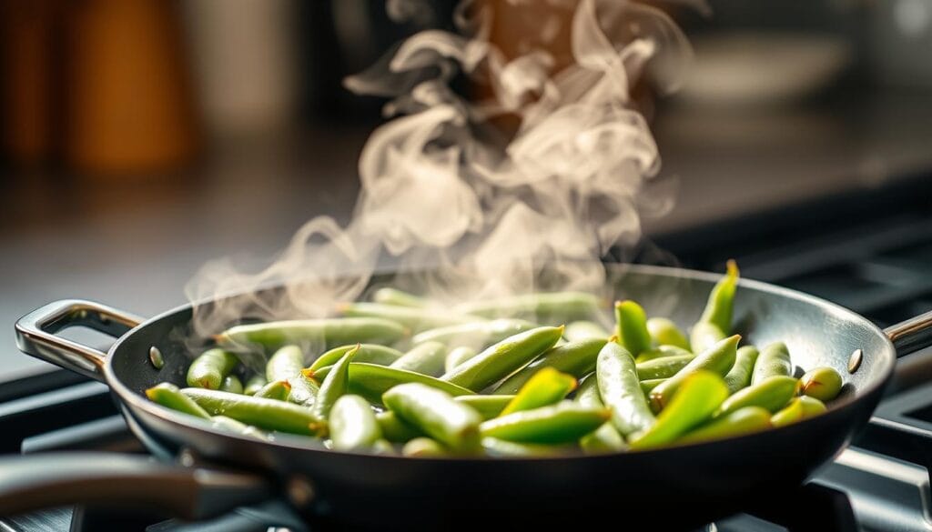 A tightly framed shot of a sauté pan on a modern gas stove, filled with fresh, vibrant broad beans sizzling in a pool of glistening olive oil. Wisps of steam rise from the pan, illuminated by soft, warm lighting casting gentle shadows. The beans are a vibrant green, their shapes and textures distinctly visible. In the background, a blurred, minimalist kitchen setting, hinting at the simple, elegant nature of the dish. The scene conveys a sense of focused, methodical preparation, inviting the viewer to imagine the fragrant aromas and savory flavors to come. A tightly framed shot of a sauté pan on a modern gas stove, filled with fresh, vibrant broad beans sizzling in a pool of glistening olive oil. Wisps of steam rise from the pan, illuminated by soft, warm lighting casting gentle shadows. The beans are a vibrant green, their shapes and textures distinctly visible. In the background, a blurred, minimalist kitchen setting, hinting at the simple, elegant nature of the dish. The scene conveys a sense of focused, methodical preparation, inviting the viewer to imagine the fragrant aromas and savory flavors to come.