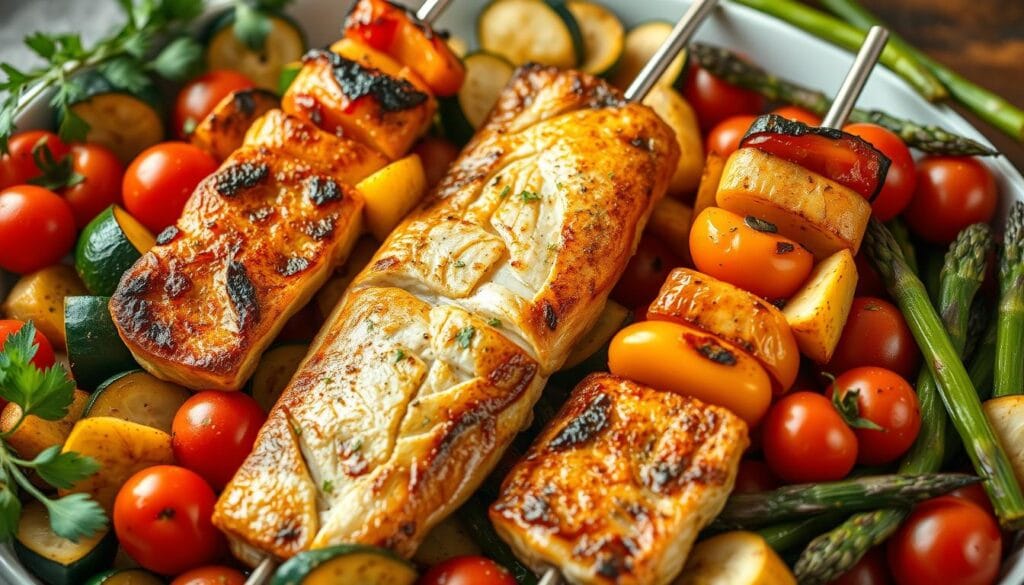 A vibrant and balanced healthy dinner recipe featuring baked fish skewers with an assortment of crisp, colorful vegetables. The fish filets are skewered and roasted to perfection, showcasing a golden-brown exterior and tender, flaky interior. Surrounding the fish are an array of roasted vegetables including zucchini, bell peppers, cherry tomatoes, and asparagus, all glistening with a light coating of olive oil. The scene is bathed in warm, soft lighting, creating a cozy and appetizing atmosphere. The composition is arranged in an eye-catching, symmetrical layout, drawing the viewer's attention to the nutritious and tempting spread. This image captures the health benefits of the baked fish and roasted vegetables, making it an ideal visual to accompany the article's section on the topic. A vibrant and balanced healthy dinner recipe featuring baked fish skewers with an assortment of crisp, colorful vegetables. The fish filets are skewered and roasted to perfection, showcasing a golden-brown exterior and tender, flaky interior. Surrounding the fish are an array of roasted vegetables including zucchini, bell peppers, cherry tomatoes, and asparagus, all glistening with a light coating of olive oil. The scene is bathed in warm, soft lighting, creating a cozy and appetizing atmosphere. The composition is arranged in an eye-catching, symmetrical layout, drawing the viewer's attention to the nutritious and tempting spread. This image captures the health benefits of the baked fish and roasted vegetables, making it an ideal visual to accompany the article's section on the topic.