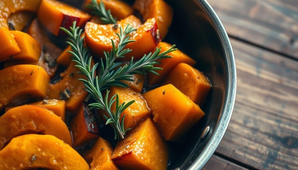 A vibrant, expertly sautéed pumpkin dish, bathed in a warm, earthy glow. In the foreground, thick slices of pumpkin, their golden-orange hues accented by the gentle sizzle of the pan. Rosemary and oregano sprigs dance among the pumpkin, their verdant hues adding depth and complexity. The middle ground reveals a rustic wooden table, its weathered surface complementing the organic tones. Soft, diffused lighting casts a comforting atmosphere, inviting the viewer to savor the flavors of this simple, yet refined Italian-inspired dish. The overall composition evokes a sense of homespun sophistication, perfectly suited to showcase the "Variations on Sautéed Pumpkin" section of the article. A vibrant, expertly sautéed pumpkin dish, bathed in a warm, earthy glow. In the foreground, thick slices of pumpkin, their golden-orange hues accented by the gentle sizzle of the pan. Rosemary and oregano sprigs dance among the pumpkin, their verdant hues adding depth and complexity. The middle ground reveals a rustic wooden table, its weathered surface complementing the organic tones. Soft, diffused lighting casts a comforting atmosphere, inviting the viewer to savor the flavors of this simple, yet refined Italian-inspired dish. The overall composition evokes a sense of homespun sophistication, perfectly suited to showcase the "Variations on Sautéed Pumpkin" section of the article.