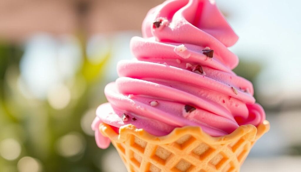 A vibrant scoop of fruit-flavored ice cream sits atop a delicate waffle cone, glistening in the warm summer sunlight. The frozen treat is a vibrant shade of pink, hinting at the natural sweetness of ripe berries. Soft, billowy swirls of the creamy dessert are accentuated by flecks of real fruit, adding a burst of color and a touch of tartness. The ice cream is expertly scooped, maintaining a smooth, creamy texture that beckons the viewer to take a refreshing bite. The waffle cone is golden-brown, providing a satisfying crunch to contrast the soft, indulgent ice cream. The entire scene exudes a sense of freshness and wholesomeness, capturing the essence of a plant-based, healthier alternative to traditional ice cream. A vibrant scoop of fruit-flavored ice cream sits atop a delicate waffle cone, glistening in the warm summer sunlight. The frozen treat is a vibrant shade of pink, hinting at the natural sweetness of ripe berries. Soft, billowy swirls of the creamy dessert are accentuated by flecks of real fruit, adding a burst of color and a touch of tartness. The ice cream is expertly scooped, maintaining a smooth, creamy texture that beckons the viewer to take a refreshing bite. The waffle cone is golden-brown, providing a satisfying crunch to contrast the soft, indulgent ice cream. The entire scene exudes a sense of freshness and wholesomeness, capturing the essence of a plant-based, healthier alternative to traditional ice cream.