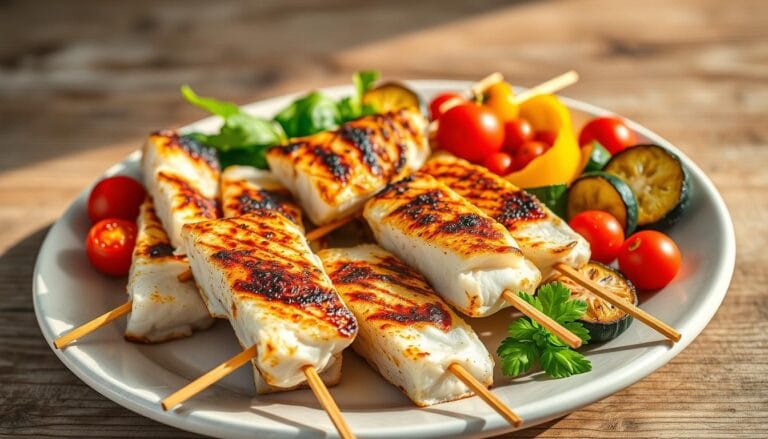Baked fish skewers and vegetables
