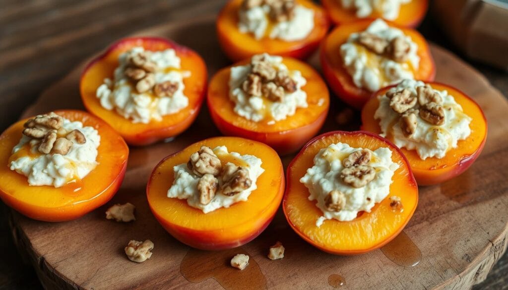 Baked peach halves filled with a creamy, sweet cheese stuffing, garnished with a drizzle of honey and sprinkled with chopped walnuts. The peaches are arranged on a rustic wooden board, with a soft, diffused natural light illuminating the scene. The composition highlights the vibrant colors and textures of the baked fruit and its delicate filling, creating an inviting and appetizing display for a summer evening's dessert. Baked peach halves filled with a creamy, sweet cheese stuffing, garnished with a drizzle of honey and sprinkled with chopped walnuts. The peaches are arranged on a rustic wooden board, with a soft, diffused natural light illuminating the scene. The composition highlights the vibrant colors and textures of the baked fruit and its delicate filling, creating an inviting and appetizing display for a summer evening's dessert.