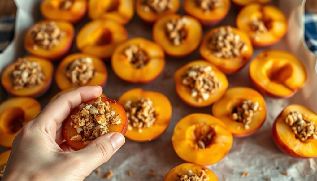 Carefully arranged peach halves, their golden flesh revealed, awaiting a delicate filling. In the foreground, hands gently stuff each cavity with a savory blend of breadcrumbs, herbs, and cheese, creating a mouthwatering symphony of flavors. The soft, warm peach skin contrasts with the crisp, golden-brown topping, as if inviting the viewer to take a bite. Warm, natural lighting casts a gentle glow, evoking the cozy ambiance of a summer evening. The mise-en-scène is carefully composed, showcasing the artful assembly of this Piedmontese delicacy, ready to be enjoyed. Carefully arranged peach halves, their golden flesh revealed, awaiting a delicate filling. In the foreground, hands gently stuff each cavity with a savory blend of breadcrumbs, herbs, and cheese, creating a mouthwatering symphony of flavors. The soft, warm peach skin contrasts with the crisp, golden-brown topping, as if inviting the viewer to take a bite. Warm, natural lighting casts a gentle glow, evoking the cozy ambiance of a summer evening. The mise-en-scène is carefully composed, showcasing the artful assembly of this Piedmontese delicacy, ready to be enjoyed.