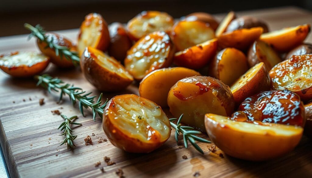 Closeup of freshly prepared honey glazed red potatoes on a wooden cutting board. The potatoes are halved, their crispy exteriors glistening with a rich, golden-amber honey glaze that's just starting to caramelize. Sprigs of fragrant rosemary and thyme are scattered across the board, their aromatic oils infusing the potatoes. Soft, indirect lighting from the side casts dramatic shadows, emphasizing the varied textures - the crunch of the glaze, the creamy interior, and the earthy hues of the roasted skins. The camera is positioned at a low angle, bringing the viewer in close to fully appreciate the preparation process and the tantalizing results. Closeup of freshly prepared honey glazed red potatoes on a wooden cutting board. The potatoes are halved, their crispy exteriors glistening with a rich, golden-amber honey glaze that's just starting to caramelize. Sprigs of fragrant rosemary and thyme are scattered across the board, their aromatic oils infusing the potatoes. Soft, indirect lighting from the side casts dramatic shadows, emphasizing the varied textures - the crunch of the glaze, the creamy interior, and the earthy hues of the roasted skins. The camera is positioned at a low angle, bringing the viewer in close to fully appreciate the preparation process and the tantalizing results.
