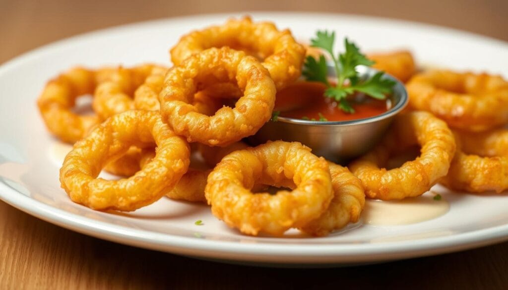 Crisp, golden-brown calamari rings, freshly fried and glistening, arranged artfully on a white ceramic plate. The tender, succulent squid contrasts with the light, airy tempura batter, creating a visually enticing and texturally intriguing appetizer. Delicate sprigs of fresh parsley or cilantro add a vibrant pop of color, and a drizzle of creamy, tangy lemon aioli or spicy marinara sauce accentuates the seafood's natural sweetness. The composition is captured in a warm, evenly lit studio setting, highlighting the appetizing details and showcasing the calamari's culinary craftsmanship. Crisp, golden-brown calamari rings, freshly fried and glistening, arranged artfully on a white ceramic plate. The tender, succulent squid contrasts with the light, airy tempura batter, creating a visually enticing and texturally intriguing appetizer. Delicate sprigs of fresh parsley or cilantro add a vibrant pop of color, and a drizzle of creamy, tangy lemon aioli or spicy marinara sauce accentuates the seafood's natural sweetness. The composition is captured in a warm, evenly lit studio setting, highlighting the appetizing details and showcasing the calamari's culinary craftsmanship.