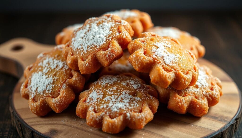 Delectable pumpkin fritters, freshly fried to a golden brown, glistening with a light dusting of powdered sugar. Crisp on the outside, with a soft, melt-in-your-mouth interior, accented by the warm, comforting aroma of cinnamon and nutmeg. Arranged artfully on a rustic wooden board, the fritters beckon with their enticing appearance, inviting the senses to indulge in their flavorful depths. Captured in soft, diffused lighting that casts gentle shadows, the image conveys a cozy, homespun atmosphere, perfectly complementing the traditional and comforting nature of this beloved seasonal treat. Delectable pumpkin fritters, freshly fried to a golden brown, glistening with a light dusting of powdered sugar. Crisp on the outside, with a soft, melt-in-your-mouth interior, accented by the warm, comforting aroma of cinnamon and nutmeg. Arranged artfully on a rustic wooden board, the fritters beckon with their enticing appearance, inviting the senses to indulge in their flavorful depths. Captured in soft, diffused lighting that casts gentle shadows, the image conveys a cozy, homespun atmosphere, perfectly complementing the traditional and comforting nature of this beloved seasonal treat.