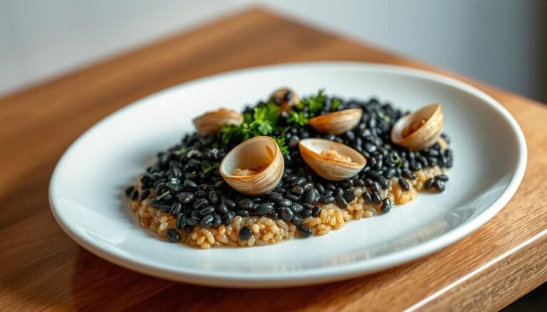Licorice and clam risotto