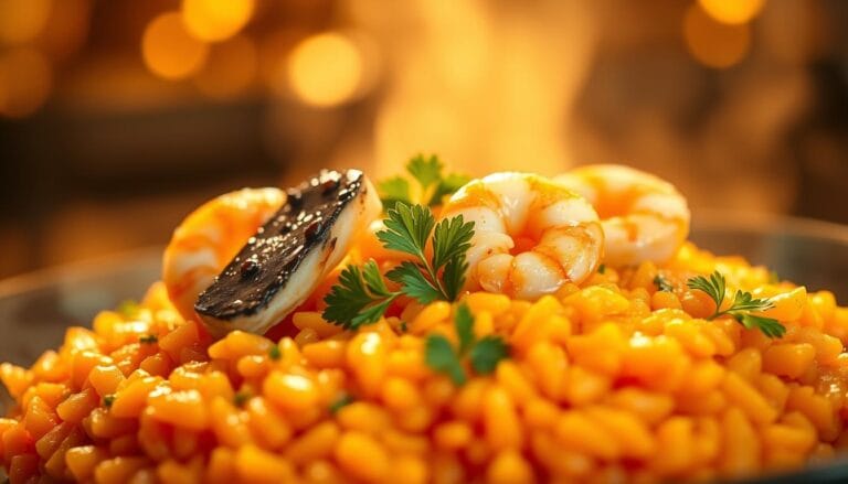 Orange risotto with swordfish and shrimp