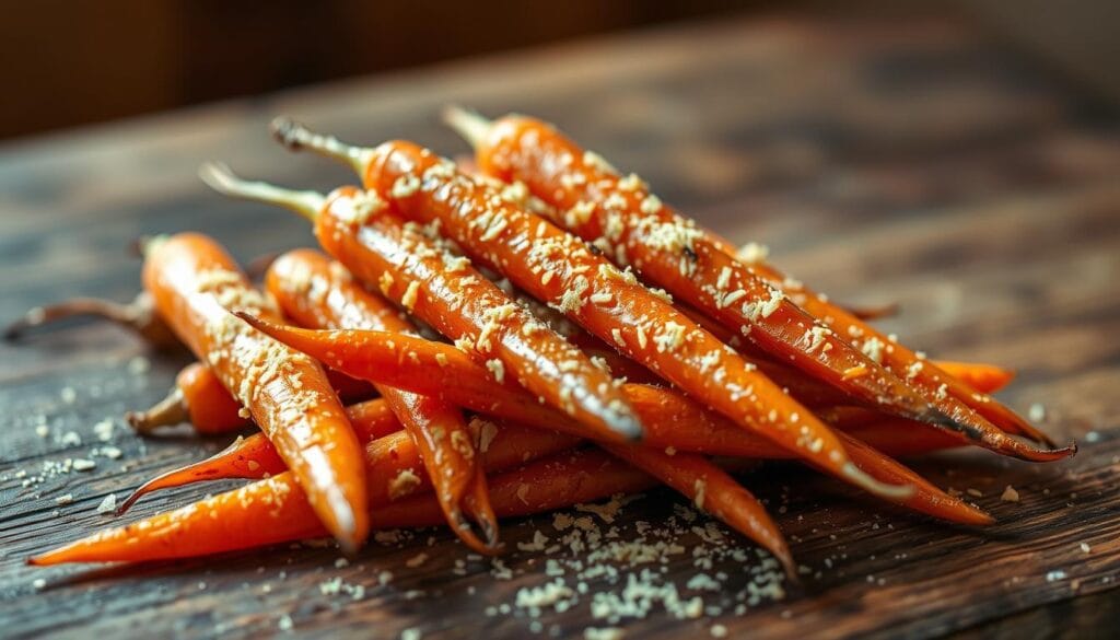 Parmesan roasted carrots, freshly pulled from the oven, resting on a rustic wooden surface. The vibrant orange hues of the carrots contrast with the golden, crispy parmesan crust. Warm, ambient lighting casts a soft glow, highlighting the delicate caramelization on the vegetable's edges. The scene evokes a cozy, homemade atmosphere, perfect for a side dish to be enjoyed as part of a comforting, oven-baked meal. The carrots are arranged neatly, ready to be stored and savored later, preserving their delicious texture and flavor. Parmesan roasted carrots, freshly pulled from the oven, resting on a rustic wooden surface. The vibrant orange hues of the carrots contrast with the golden, crispy parmesan crust. Warm, ambient lighting casts a soft glow, highlighting the delicate caramelization on the vegetable's edges. The scene evokes a cozy, homemade atmosphere, perfect for a side dish to be enjoyed as part of a comforting, oven-baked meal. The carrots are arranged neatly, ready to be stored and savored later, preserving their delicious texture and flavor.