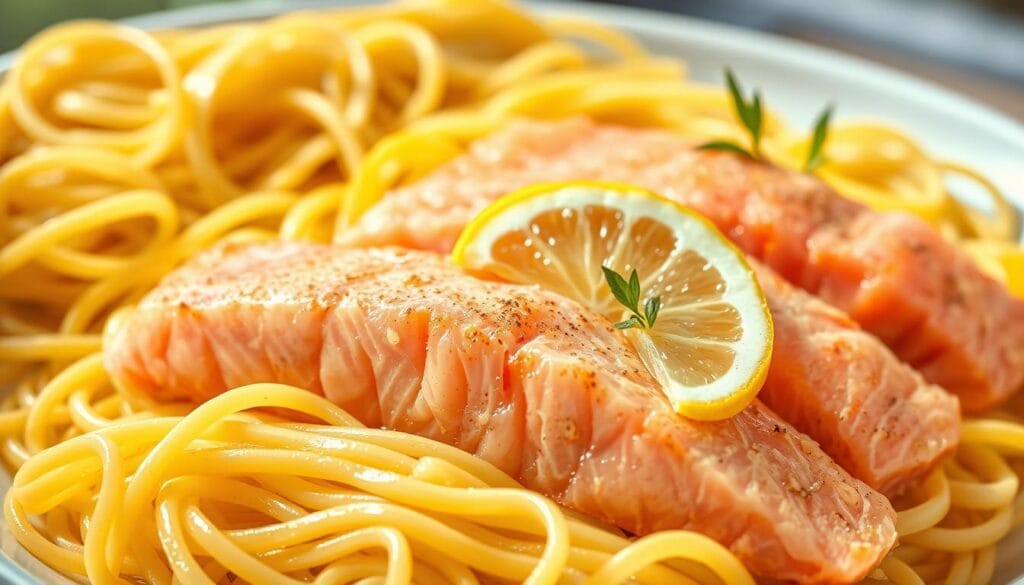 Tagliatelle pasta ribbons in a bright, vibrant scene. In the foreground, a generous portion of fresh, pink salmon fillets, glistening with a light coating of olive oil. Delicate lemon slices are artfully arranged, adding a pop of citrus aroma and flavor. The pasta is perfectly al dente, complementing the rich salmon. Warm, natural lighting casts a soft glow, highlighting the dish's inviting textures and colors. A sense of freshness and summer radiates from the composition, enticing the viewer to dive in and savor each bite. The perfect first course to celebrate the season's bounty. Tagliatelle pasta ribbons in a bright, vibrant scene. In the foreground, a generous portion of fresh, pink salmon fillets, glistening with a light coating of olive oil. Delicate lemon slices are artfully arranged, adding a pop of citrus aroma and flavor. The pasta is perfectly al dente, complementing the rich salmon. Warm, natural lighting casts a soft glow, highlighting the dish's inviting textures and colors. A sense of freshness and summer radiates from the composition, enticing the viewer to dive in and savor each bite. The perfect first course to celebrate the season's bounty.